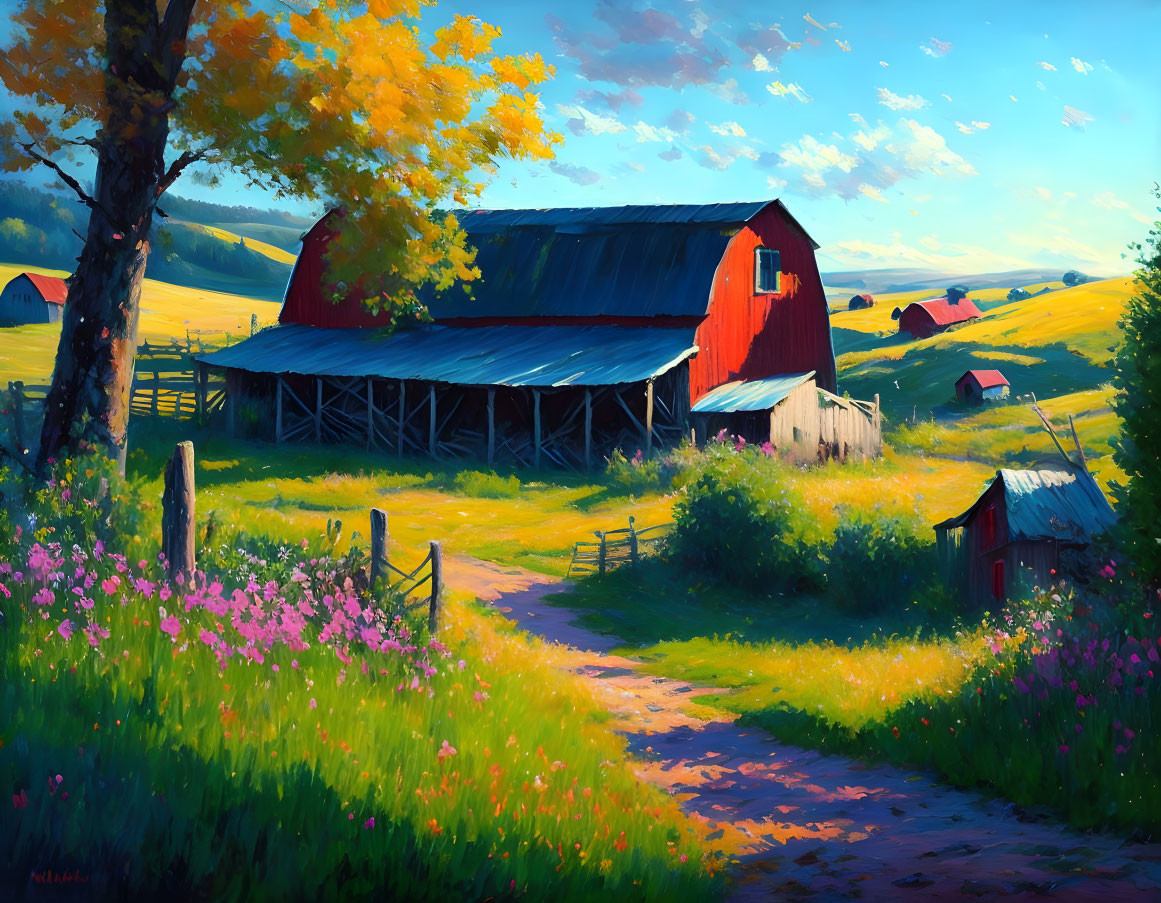 Scenic painting of red barn in sunny rural landscape