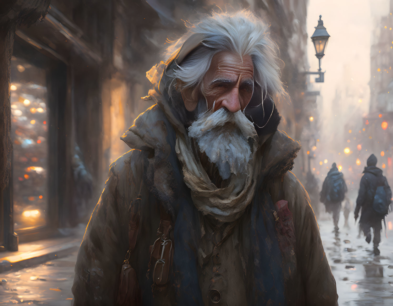 Elderly man in coat and scarf on foggy street with walking figures