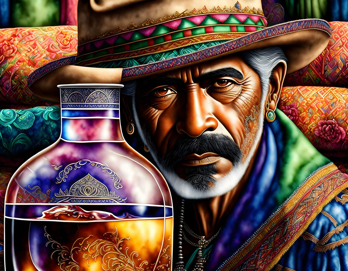 Colorful Illustration: Man with Mustache in Traditional Hat amidst Woven Fabrics & Mystical