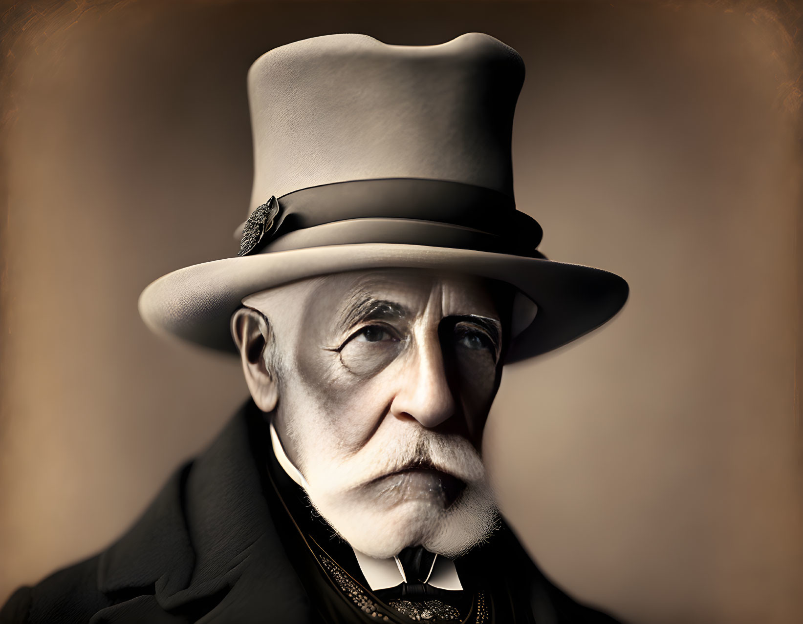 Elderly man in top hat and formal attire on sepia background