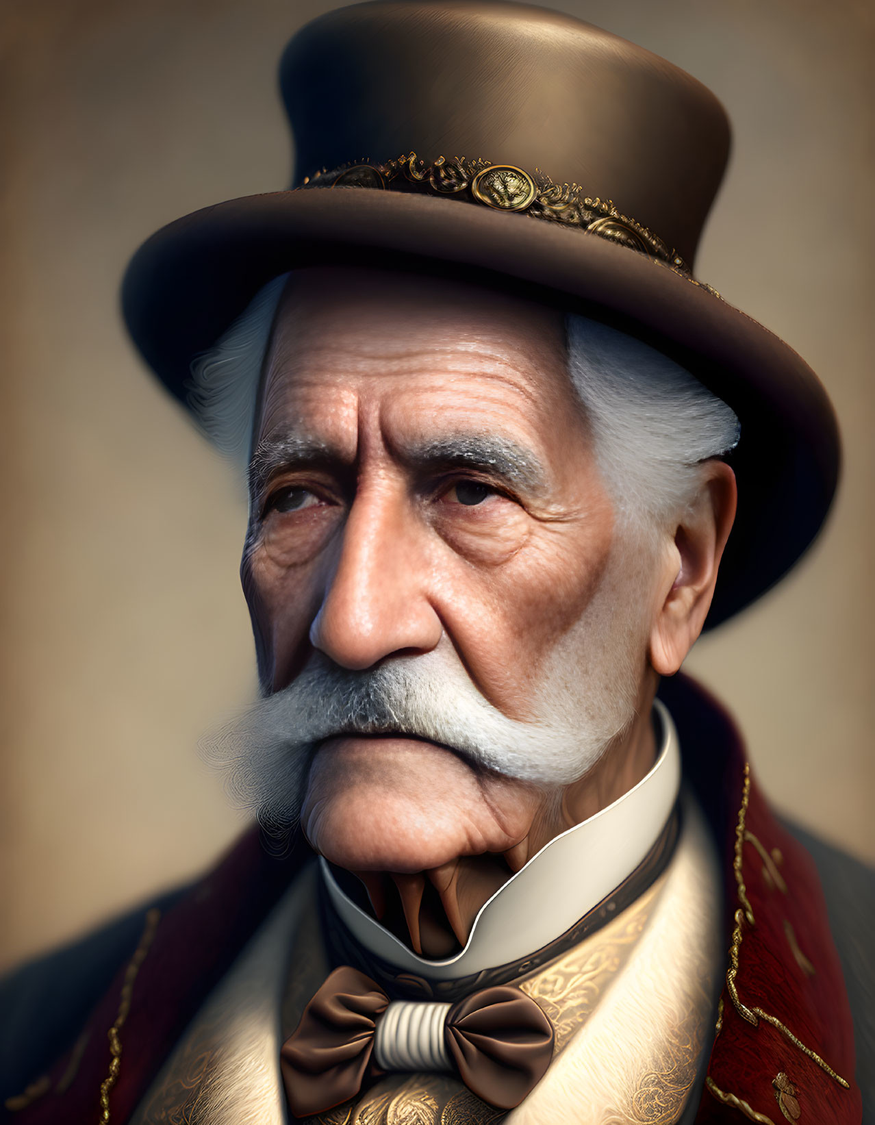 Elderly Gentleman Portrait in Top Hat and Military Jacket