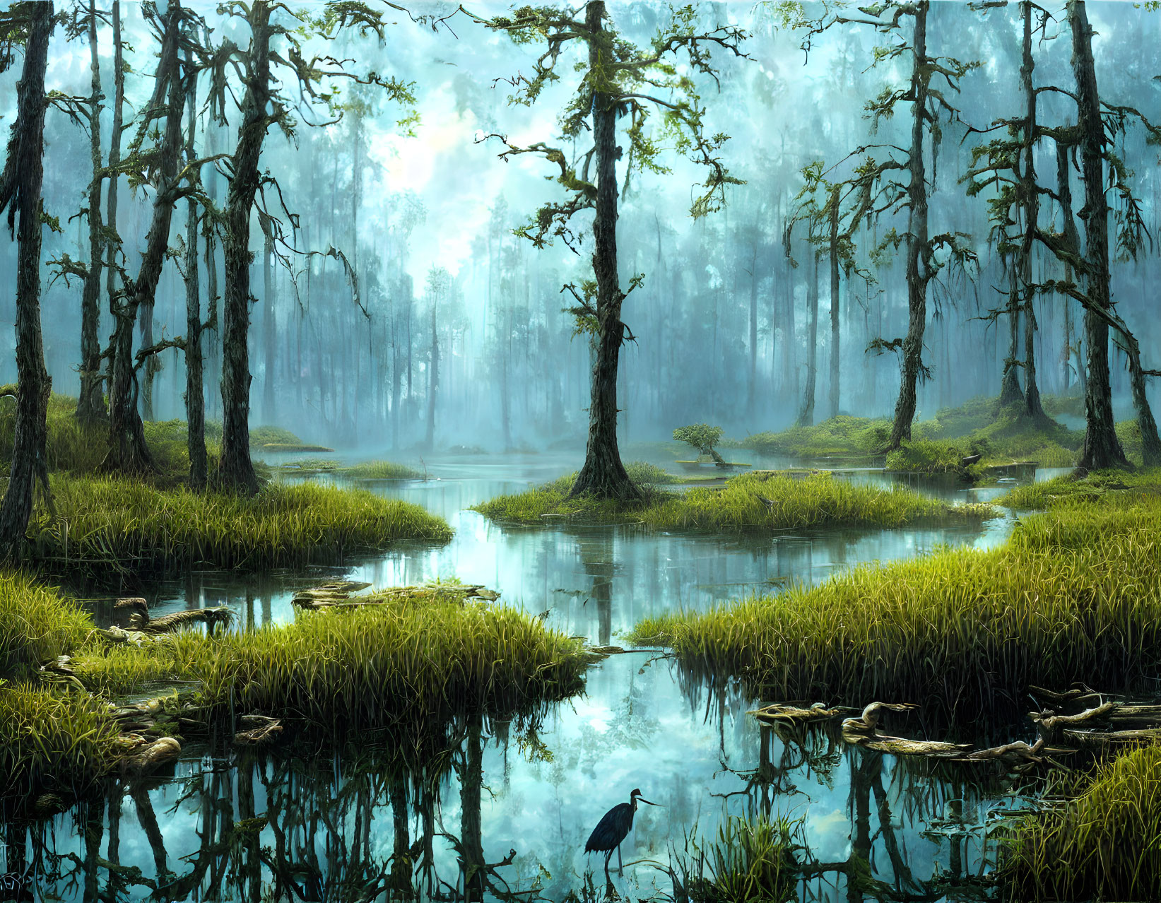 Foggy forest scene with reflective water, sunlight, lush greenery, and bird perch