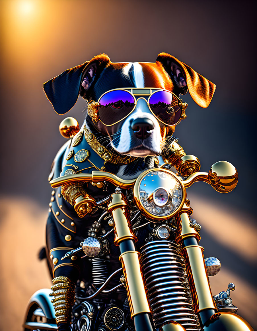 Cool Dog in Aviator Sunglasses on Golden Motorcycle