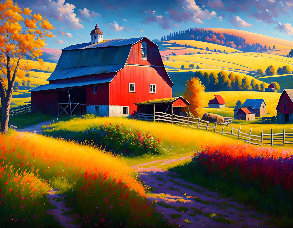 Vibrant rural landscape with red barn, autumn trees, wildflowers, and yellow hills under blue