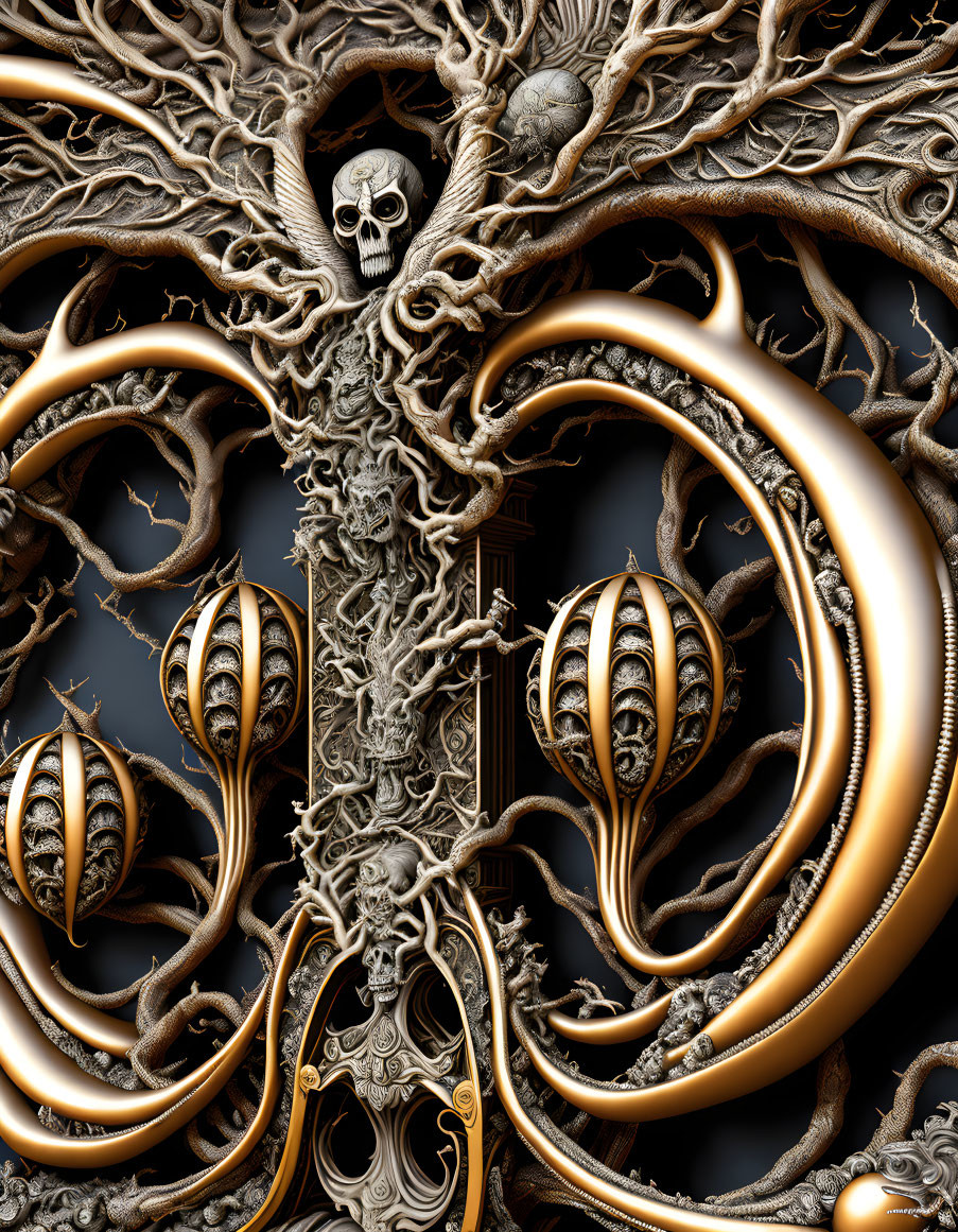 Dark fantasy digital art: Skull in twisted roots with golden details