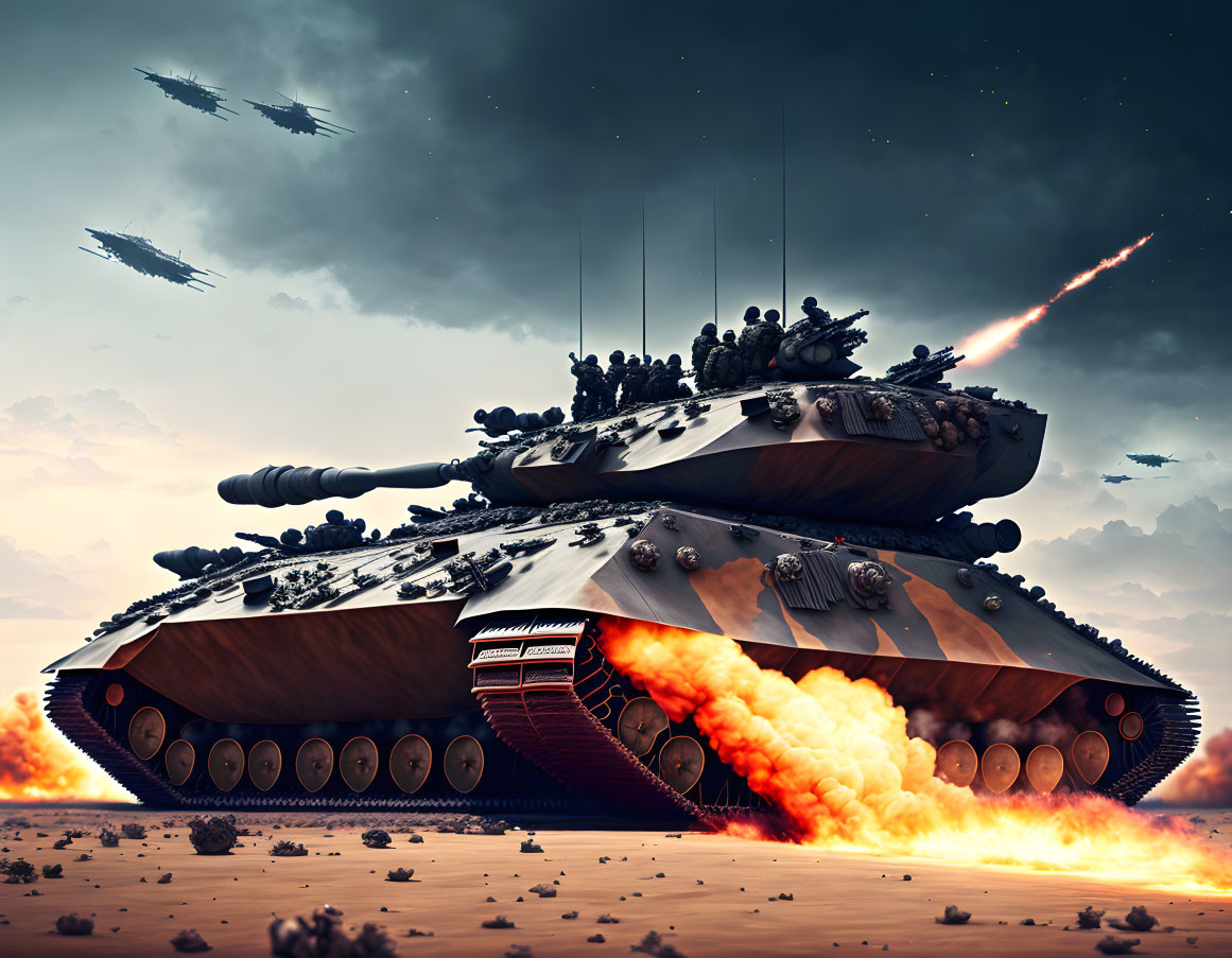 Futuristic tank firing blast with troops under dramatic sky