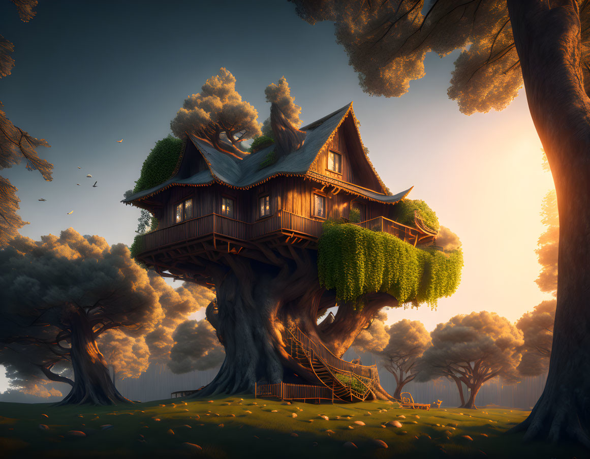 Enchanting treehouse with winding staircase in leafy tree at sunset