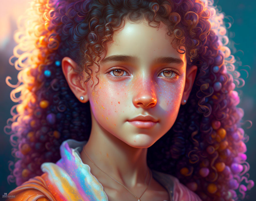 Digital portrait of girl with curly hair and freckled face with cosmic splatters.