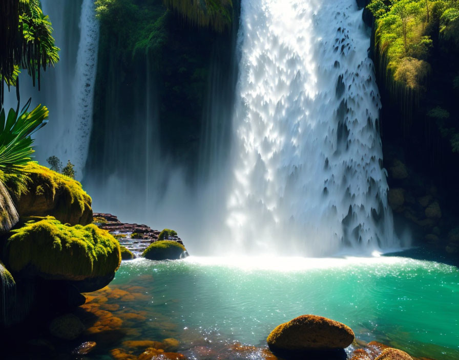 Tranquil waterfall in lush green setting