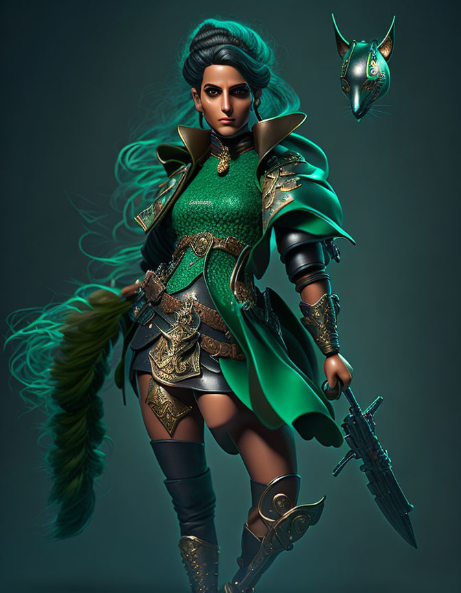 Female warrior in green and black armor with sword, feathered cape, and horned mask