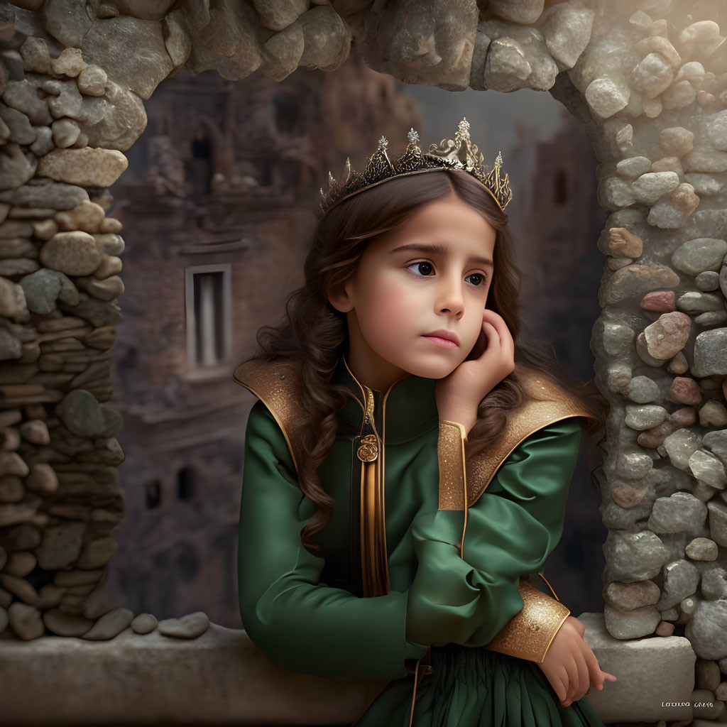 Young girl in green medieval dress gazes from stone window at ancient castle