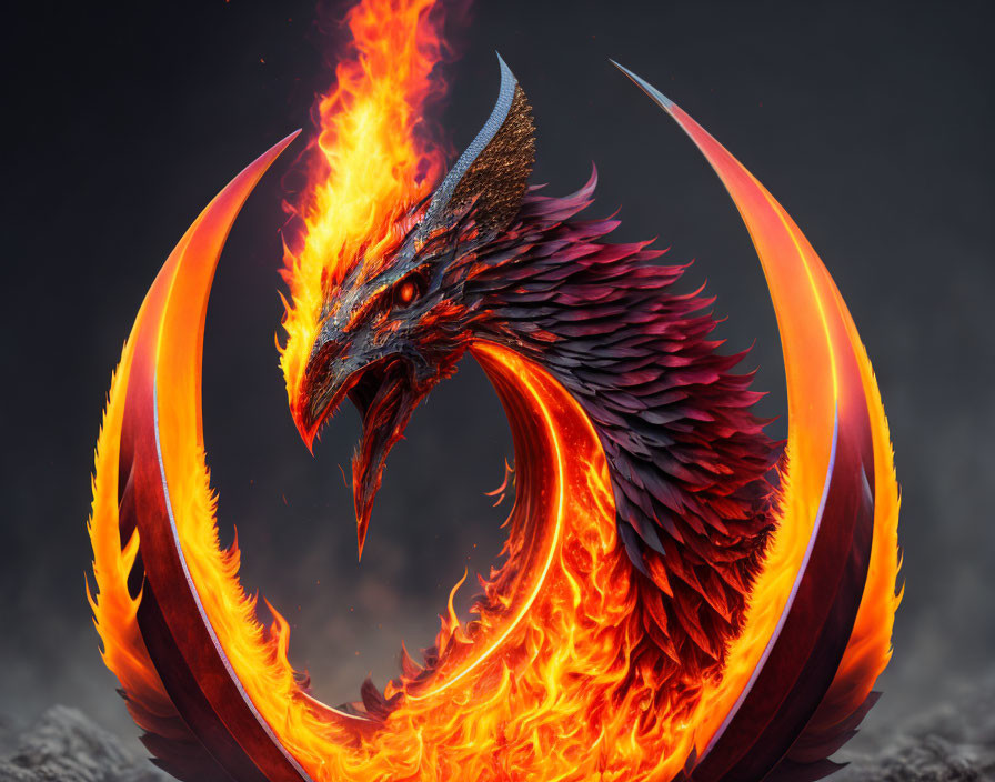 Fiery phoenix digital artwork in circular form