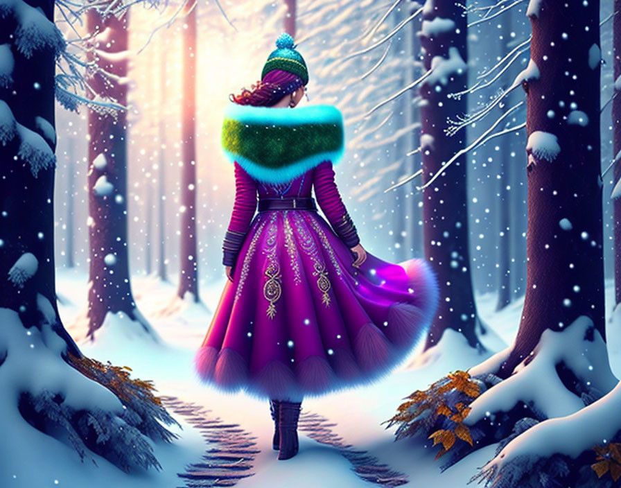 Person in Purple Dress Walking in Snowy Forest with Colorful Hat