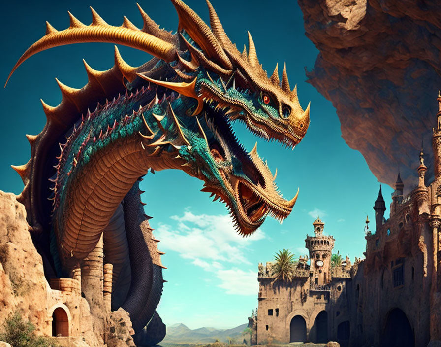 Massive multi-headed dragon on ancient desert fortress under sun.