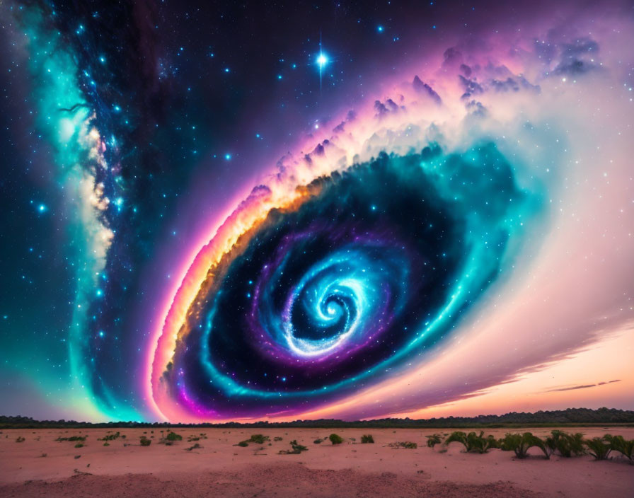 Colorful Spiral Galaxy Over Twilight Sky and Barren Landscape