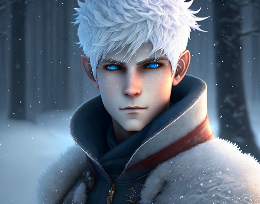 Digital illustration: Young man with blue eyes and white hair in snowy forest