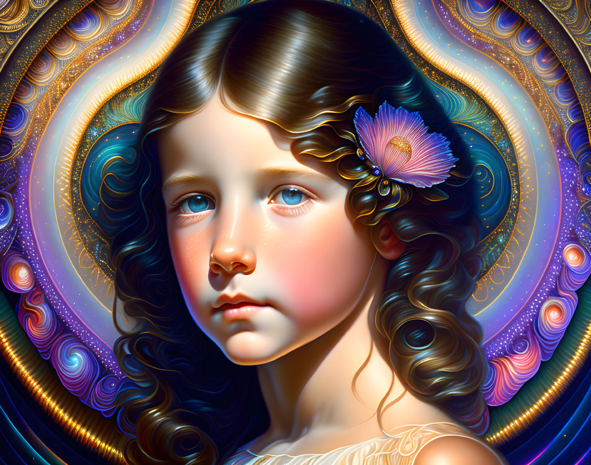 Digital painting: Young girl with wavy hair and purple flower on vibrant fractal background