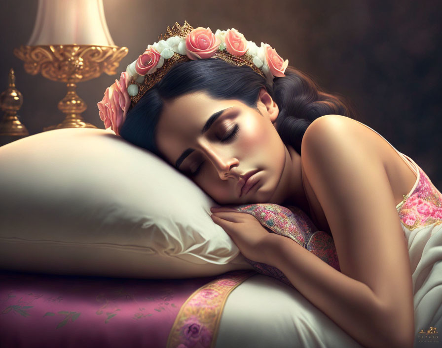 Illustration of woman with floral headpiece on pillow under warm lamp glow