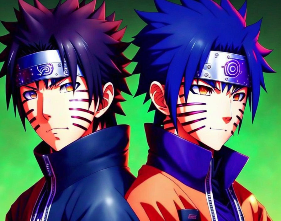 Spiky-haired animated characters with leaf symbols and Sharingan on green background