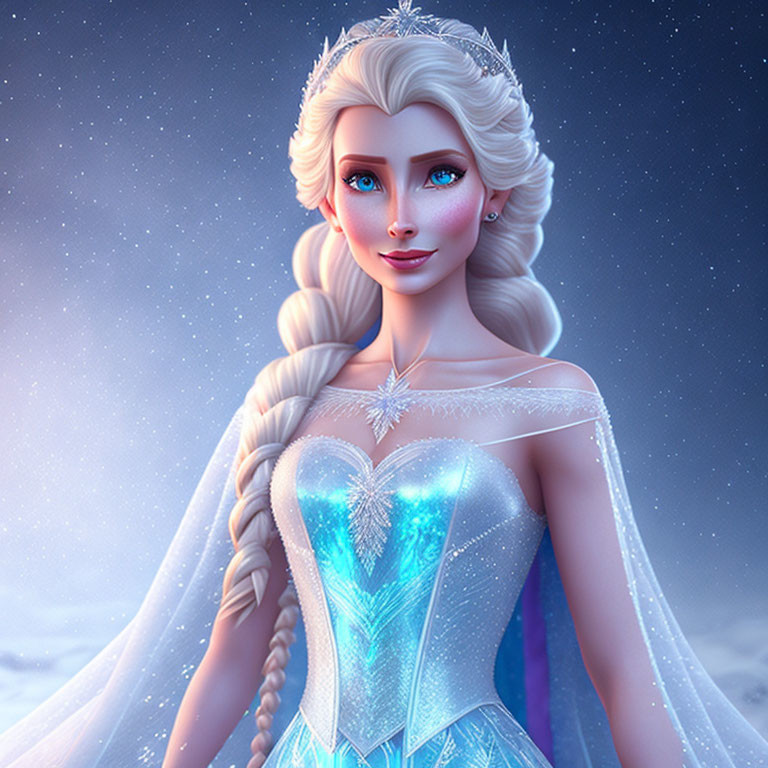 Platinum Blonde Hair Animated Character in Blue Gown