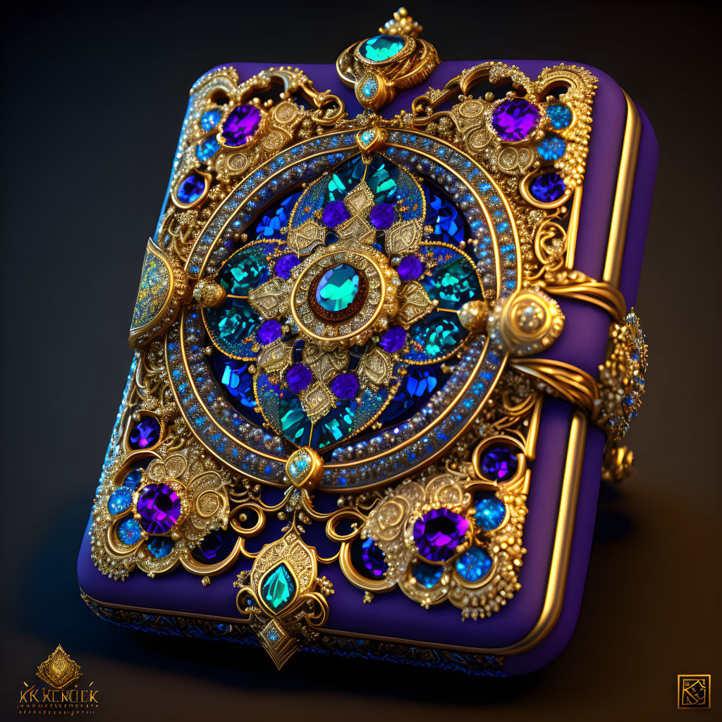 Jewel-encrusted box with gold patterns and blue gemstones on purple background