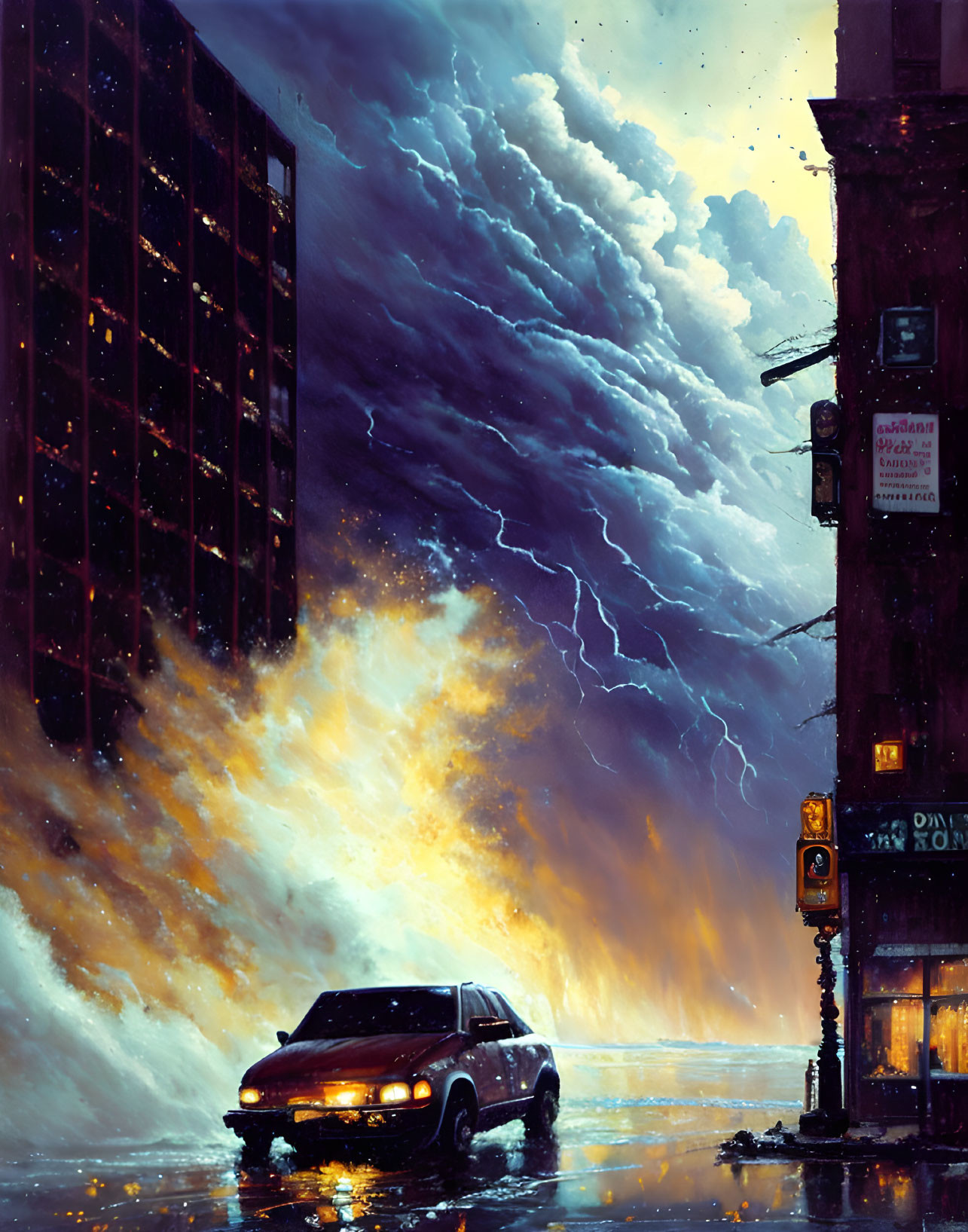 Digital artwork: Car driving through city street at night with fiery explosion and lightning storm in background