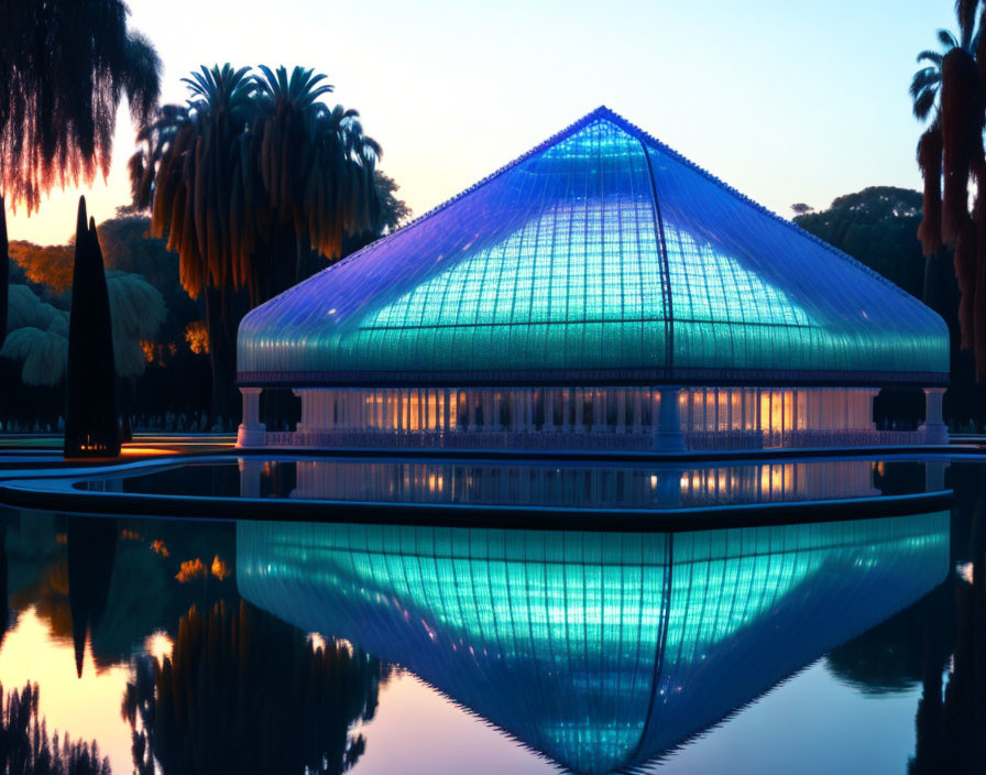 Glass pyramid structure reflected in water at dusk with palm trees under sunset sky