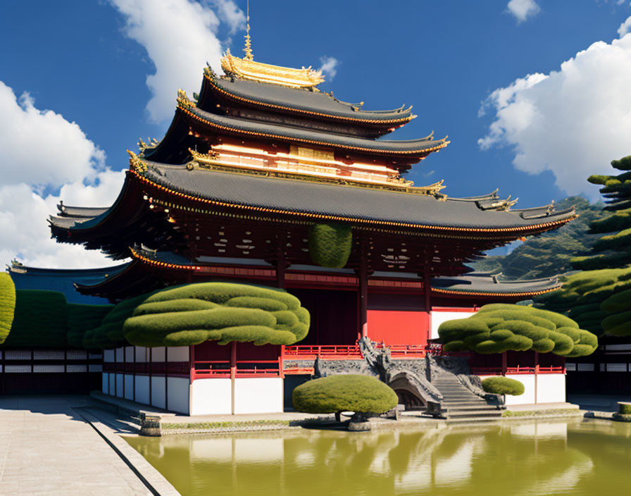 Japanese Temple with Tiered Roofs and Gold Accents in Serene Setting