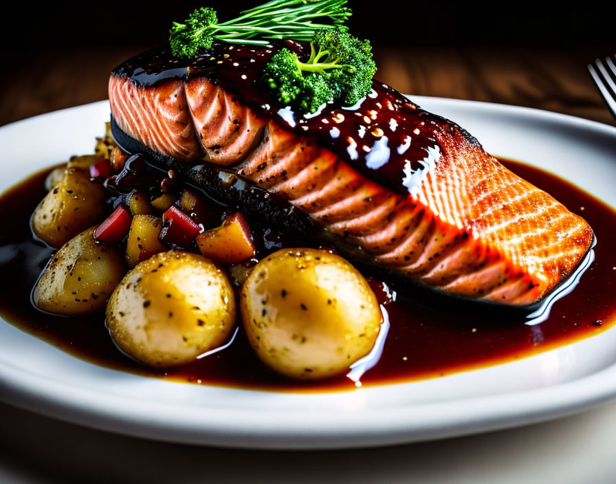 Grilled Salmon Fillet with Herbs, Glaze, Baby Potatoes, and Vegetable Medley