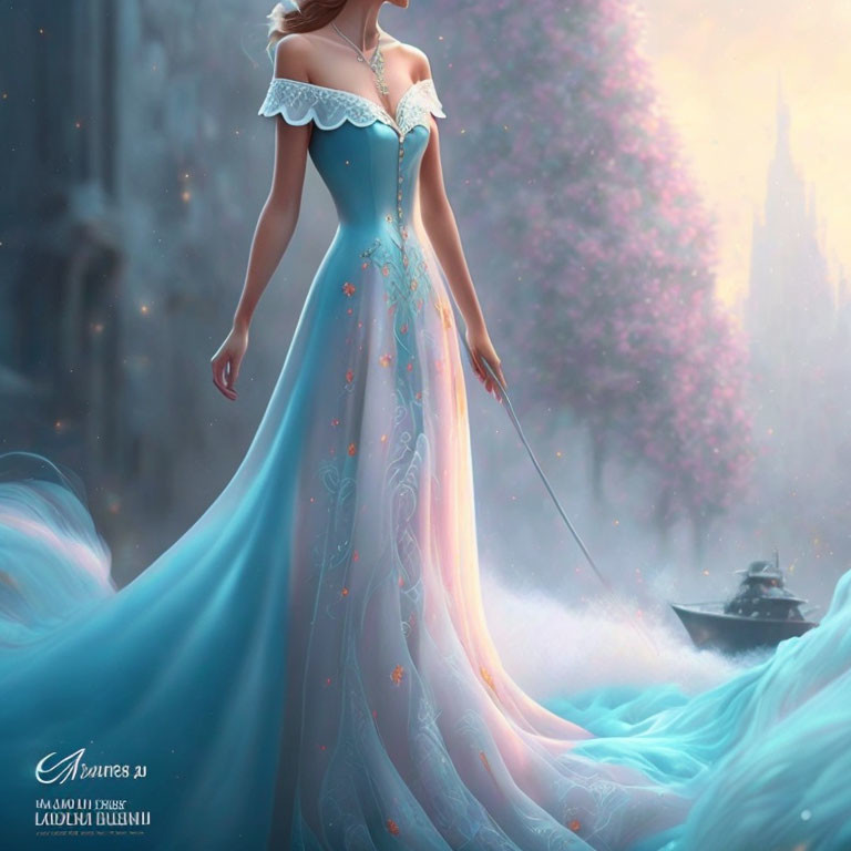 Woman in Elegant Blue Gown with Floral Accents and Wand in Front of Fantastical Castle