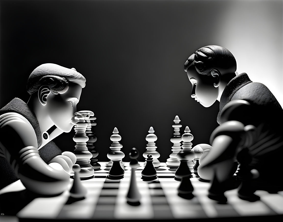 Monochrome artwork of two individuals playing chess with silhouetted profiles and illuminated board