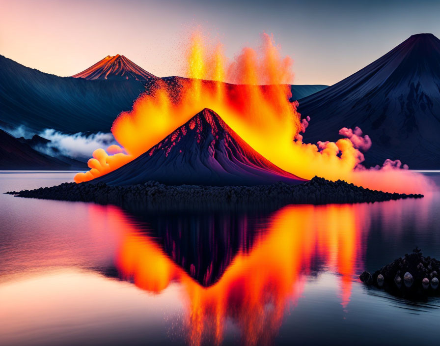 Volcano erupting: lava and ash with lake reflection