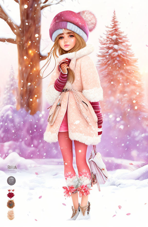 Young girl in winter clothing in snowy landscape with trees