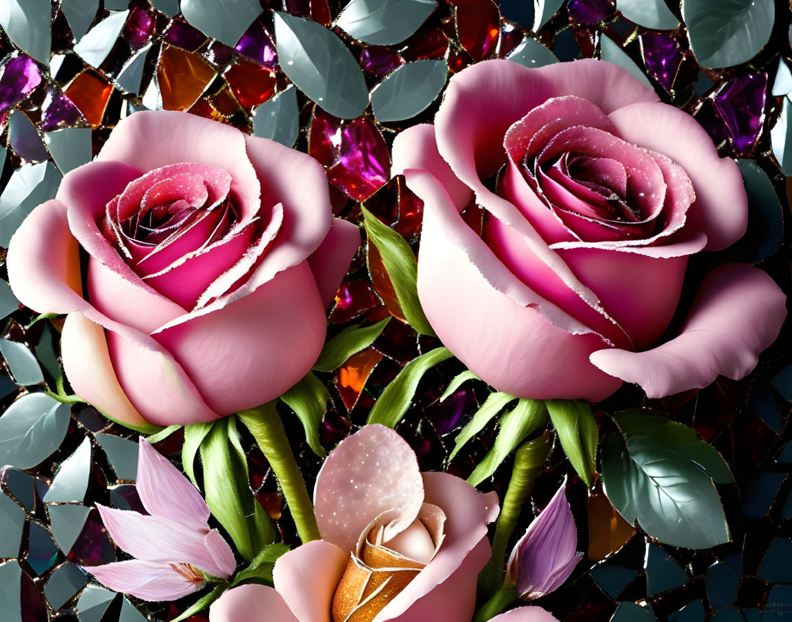 Three roses with droplets on broken glass background in red and purple hues