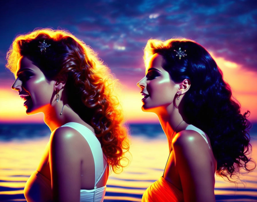 Elegant women in glowing makeup against vibrant ocean sunset