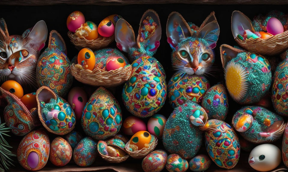 Camouflaged Cats Among Vibrant Easter Eggs with Hatching Chick