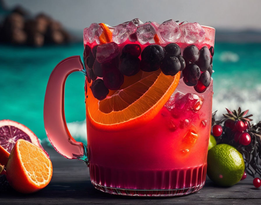 Colorful Icy Drink with Orange Slices and Berries by Turquoise Sea