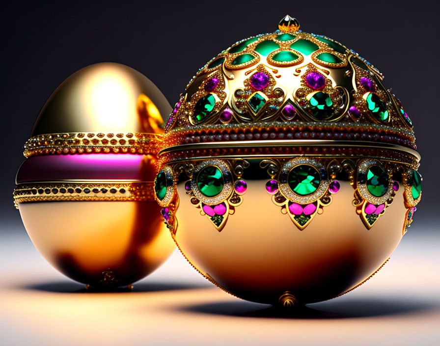 Luxurious Golden Egg with Purple and Green Gemstones on Soft-Lit Background