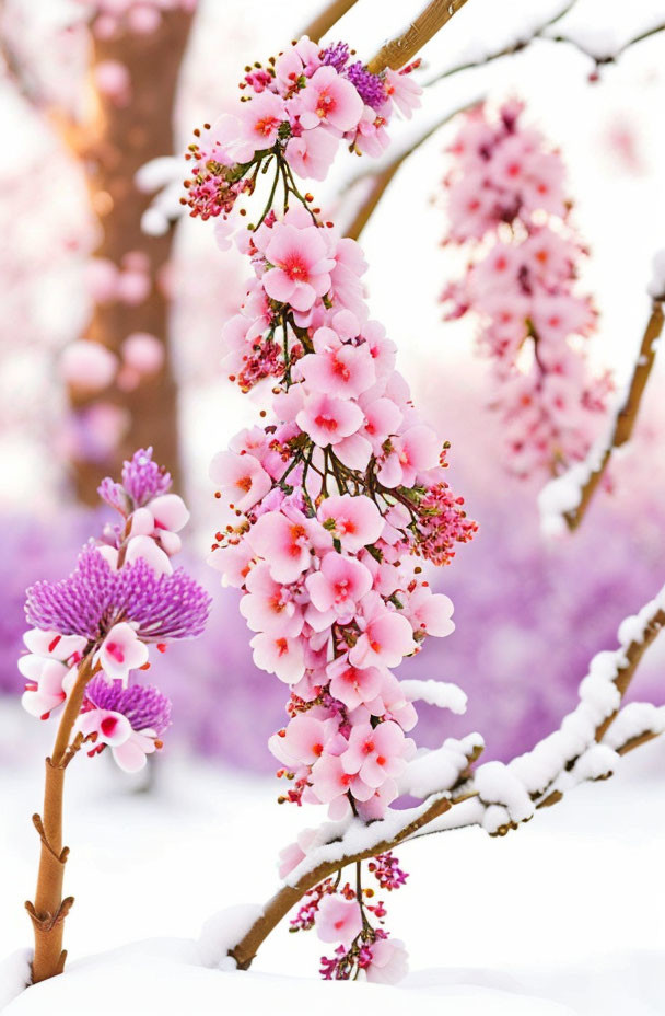 Snow-covered branches with vibrant pink blossoms in a winter landscape.