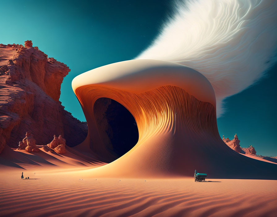 Surreal desert landscape with wave-like rock formation and person with camel