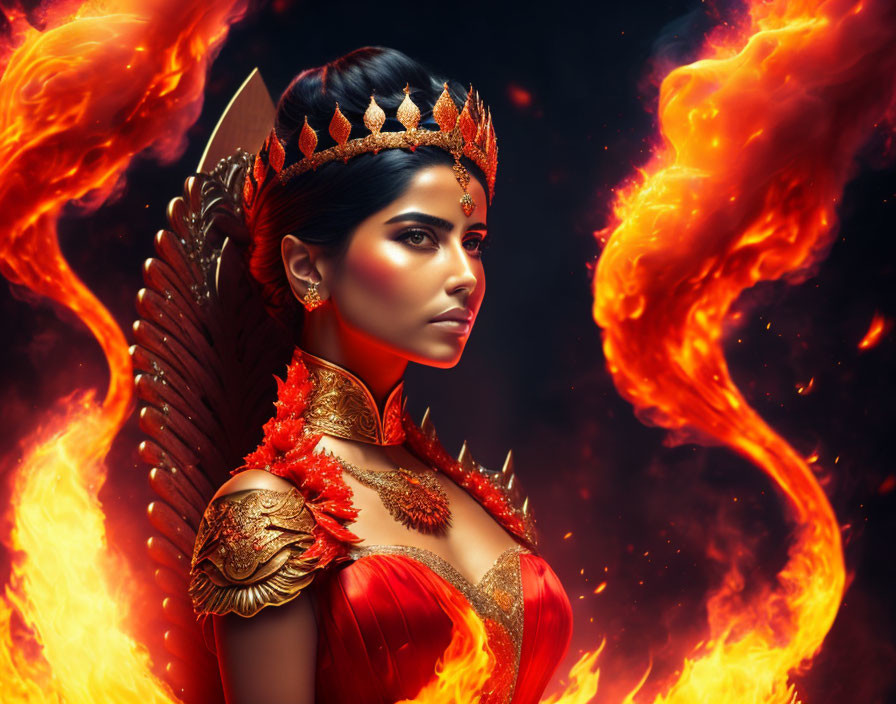 Fiery-themed woman in crown and armor with wing-like accessories amid swirling flames