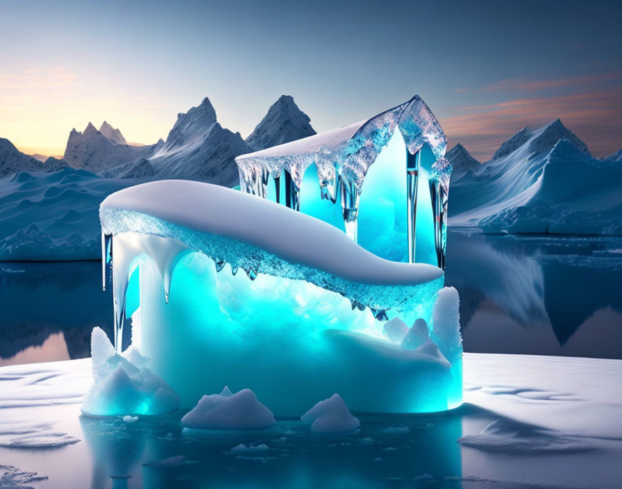 Blue Ice Structure Resembling Frozen Wave in Snowy Mountain Twilight