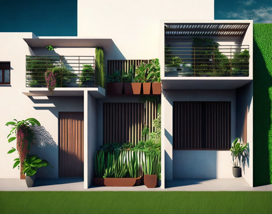 Modern Two-Story House with Balconies, Green Plants, Large Windows, and Vertical Garden