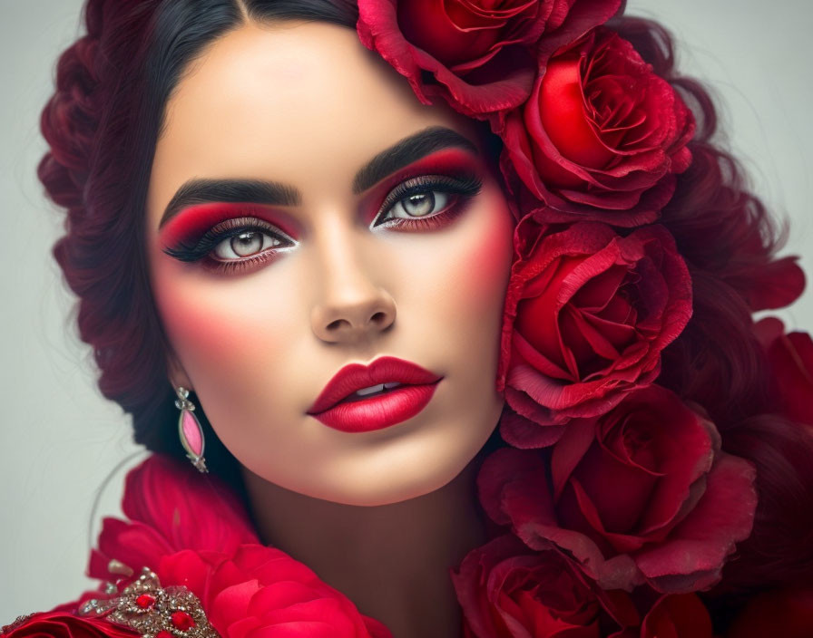 Portrait of woman with dramatic red makeup and rose headpiece.