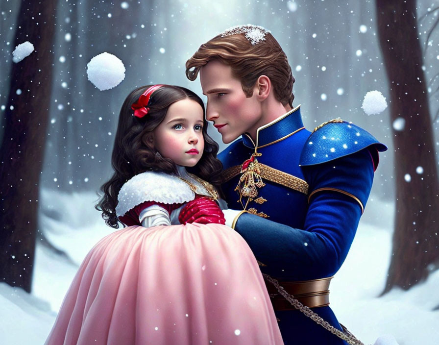 Royal figure comforting girl in pink dress in snowy setting