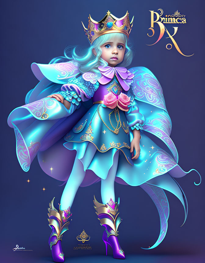 Digital illustration of young girl as fantasy princess in blue and purple attire on dark blue backdrop