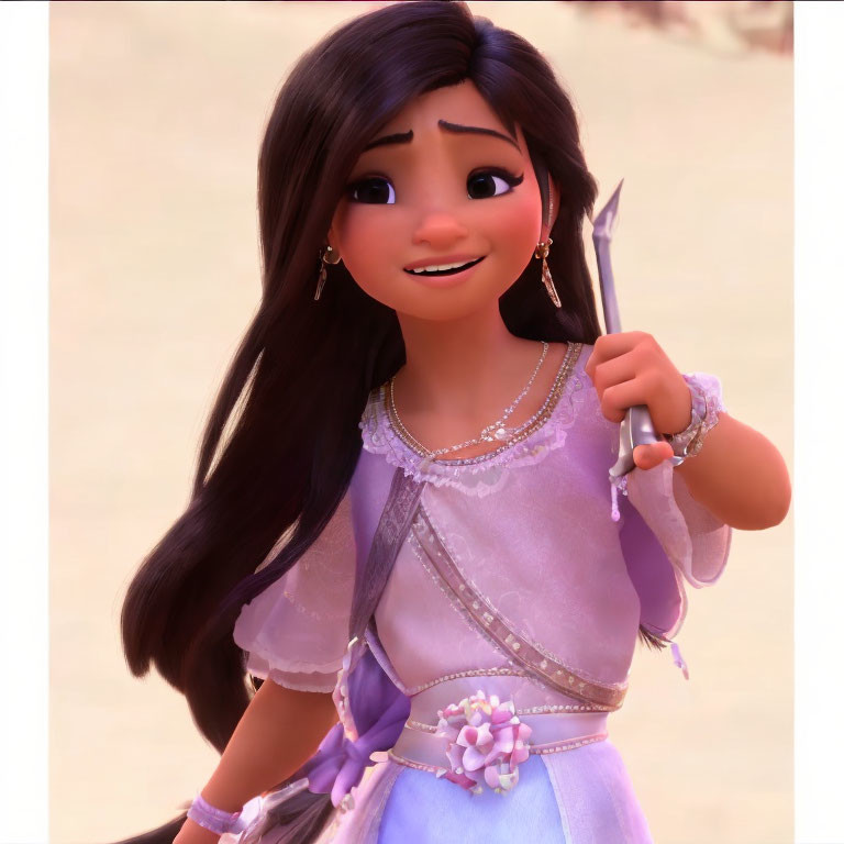 Smiling animated girl with long hair holding a feather in lavender dress