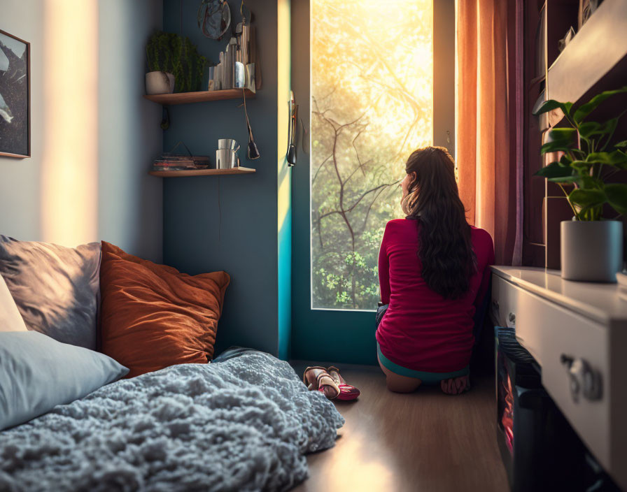 Person sitting by window in cozy room with warm lighting