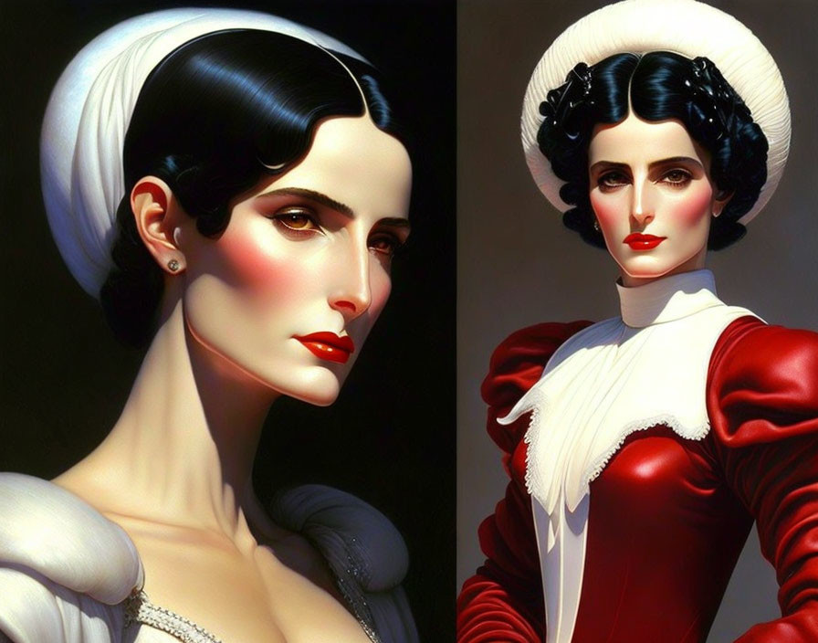 Stylized vintage portraits of a woman in headscarf and puff sleeves