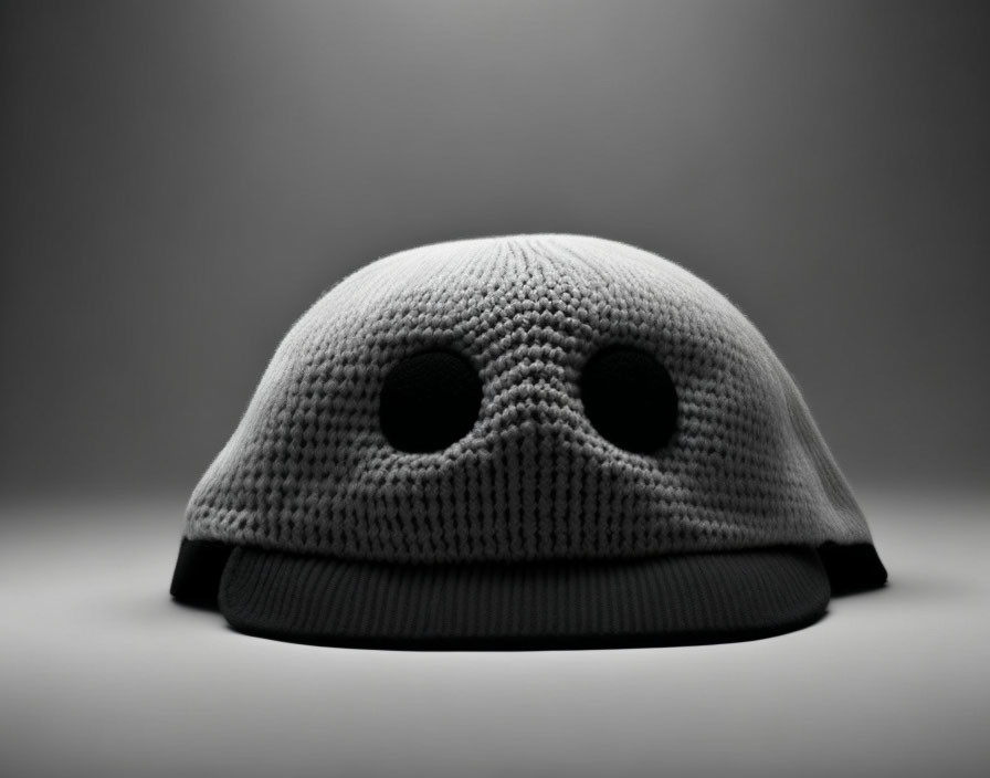 Minimalist grey knitted beanie with eye-shaped holes on dark gradient background